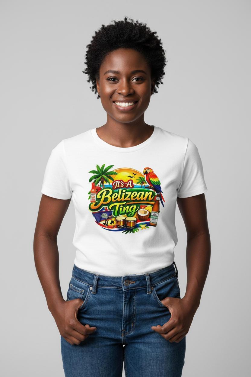 Black woman modeling white t-shirt with It's A Belizean Ting logo